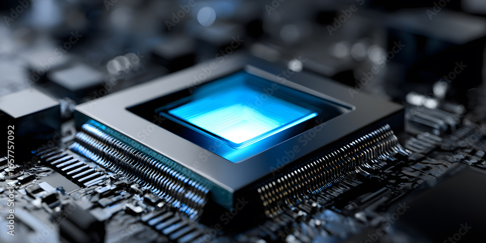 Aufkleber close-up of a high-tech microprocessor with blue illumination