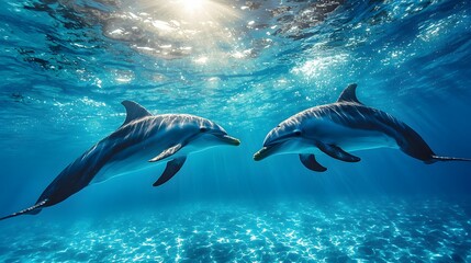 Fototapeta premium Dolphins underwater sunlight interaction