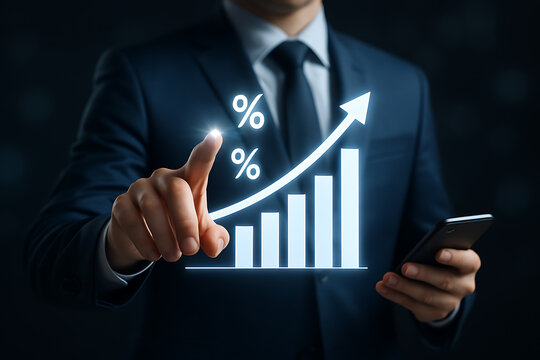 Business growth analytics with hand interacting with holographic percentage increase bar graph showing finance, profit and digital success - Powered by Adobe