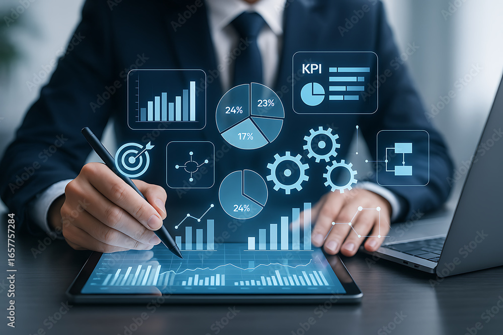 Fototapete businessman analyzing digital data analytics and kpi charts on tablet with futuristic virtual interf