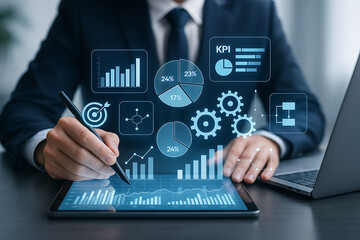 Businessman analyzing digital data analytics and KPI charts on tablet with futuristic virtual interface for performance and strategy