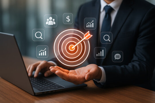 Business target marketing goal with holographic dartboard and icons for sales growth, analytics, planning and corporate strategy success