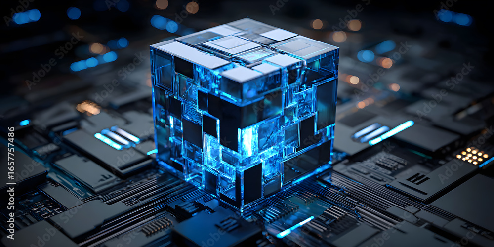 Poster a glowing, transparent cube with intricate internal structures sits atop a complex circuit board.