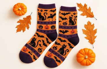  Colorful cotton socks with a decorative Halloween pattern in the form of orange pumpkins, black cats, bats, autumn leaves and ghosts, on a light background, fun Halloween clothes