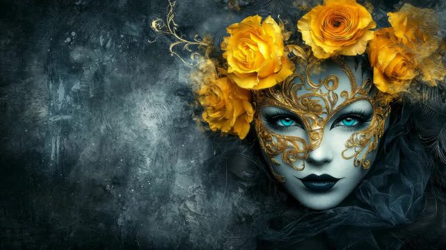 A woman with an ornate gold mask and vibrant yellow roses in her hair gazes intensely forward