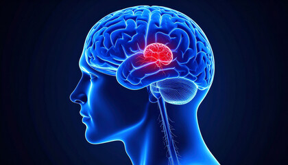 A serious 3d medical visualization illustrates a malignant brain tumor highlighted in red within the glowing blue silhouette of a human head profile against a dark background.