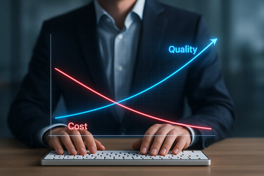 Businessman analyzing glowing chart comparing cost line and quality growth curve representing efficiency, improvement and value strategy