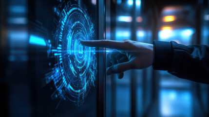 A finger touching a blue holographic interface with circular design in a futuristic environment