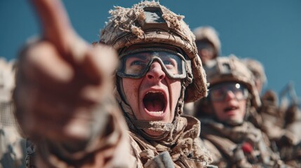Close-up of a soldier giving a command, mouth agape, pointing, and wearing protective eyewear.  A focused expression and heightened emotion are displayed.