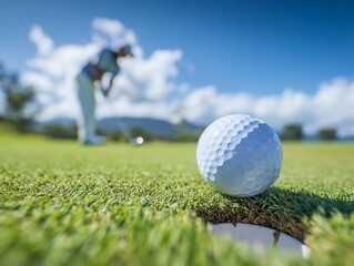 ゴルフボールとカップを狙うプレーヤー