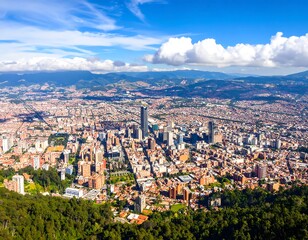 Fototapeta premium Expansive Aerial View of a Bustling Cityscape with Mountains and Blue Sky.