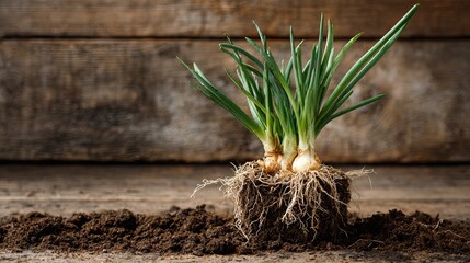 Fresh green onions with exposed roots growing in soil against rustic wooden backdrop
