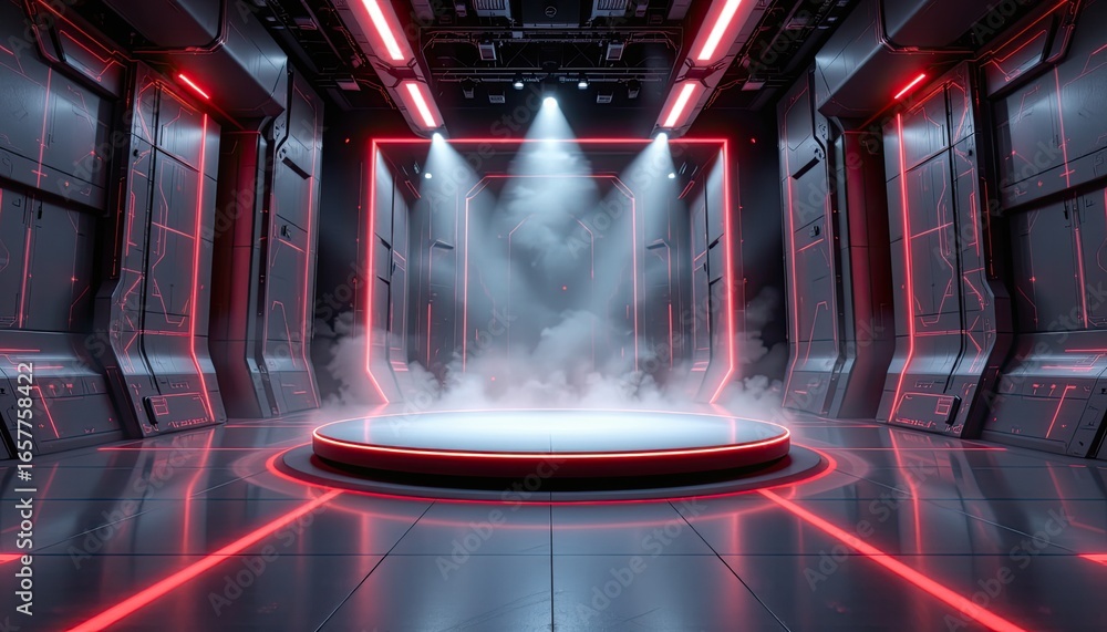Poster futuristic stage design with neon lights and fog for high-tech presentation or event