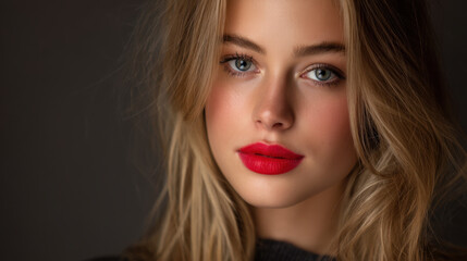 Fototapeta premium Close up portrait of young woman with long blonde hair and striking blue eyes. She has flawless complexion and bold red lips, exuding confidence and beauty. soft lighting enhances her features