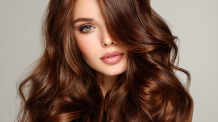 Obraz premium Beautiful model with long, wavy, chestnut hair and captivating green eyes, showcasing natural makeup look that enhances her features and radiates confidence and elegance