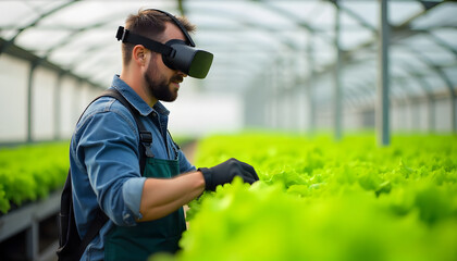 Man with virtual reality headset monitoring hydroponic lettuce greenhouse with bright green