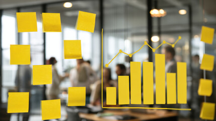 Efficient workspace with yellow sticky notes and graph on glass wall, showcasing teamwork and productivity in modern office environment. atmosphere is collaborative and dynamic