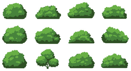 A collection of green bushes and trees in various shapes and sizes silhouette