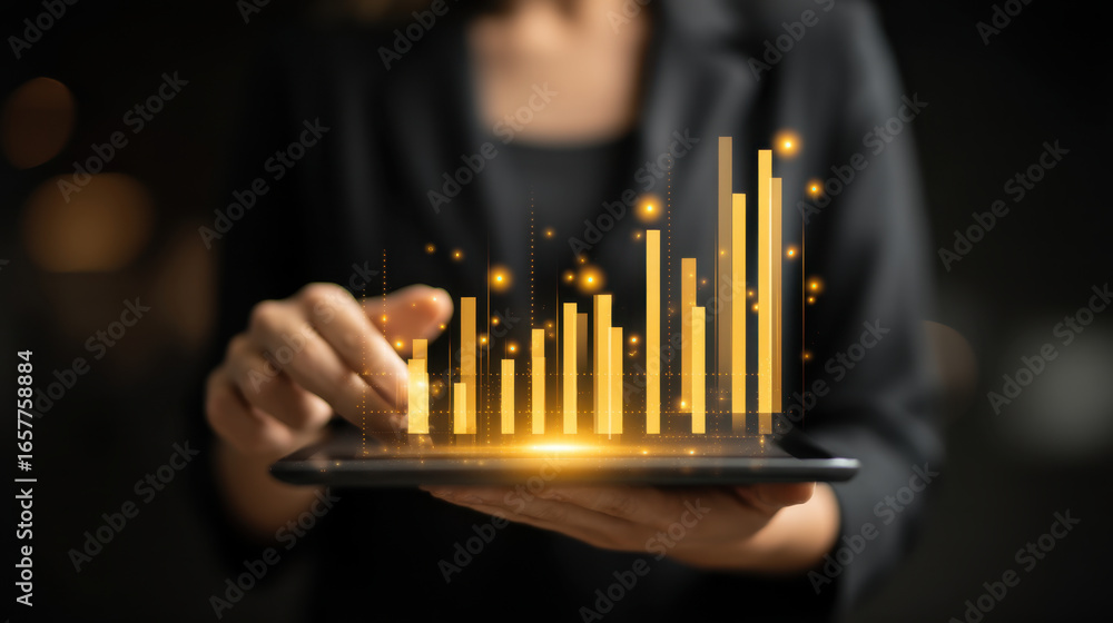 Poster digital tablet displaying financial growth chart with glowing bars business professional analyzing d