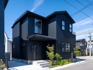 モダンな黒い外観の二階建て住宅
