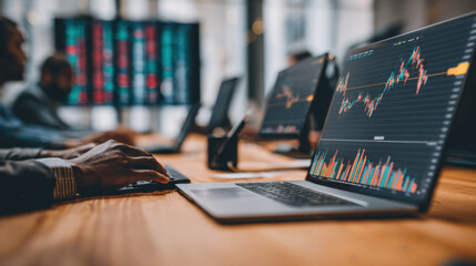 Modern workspace featuring laptops displaying stock market data and financial charts. atmosphere is focused and professional, ideal for trading and investment activities