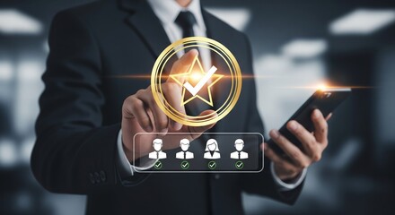 Business Digital Validation: An authoritative professional in a tailored suit confidently engages with a digital interface, their touch activating a virtual seal of approval.
