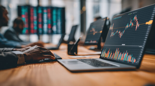 Modern workspace featuring laptops displaying stock market data and financial charts. atmosphere is focused and professional, ideal for trading and investment activities - Powered by Adobe