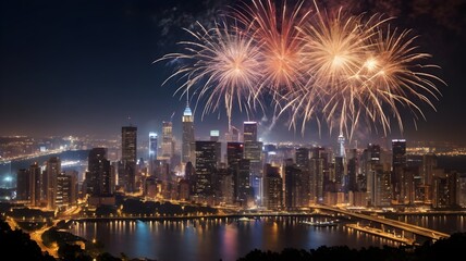 Stunning fireworks explode over a vibrant cityscape at night, celebrating a grand urban event.