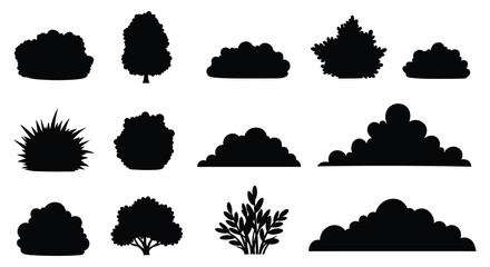 Collection of various tree and cloud silhouettes in black
