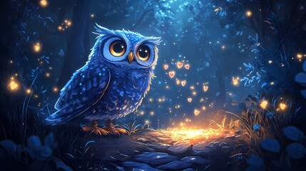 Obraz premium Cute owl cartoon illustration in magical forest with fireflies and glowing hearts art wallpaper