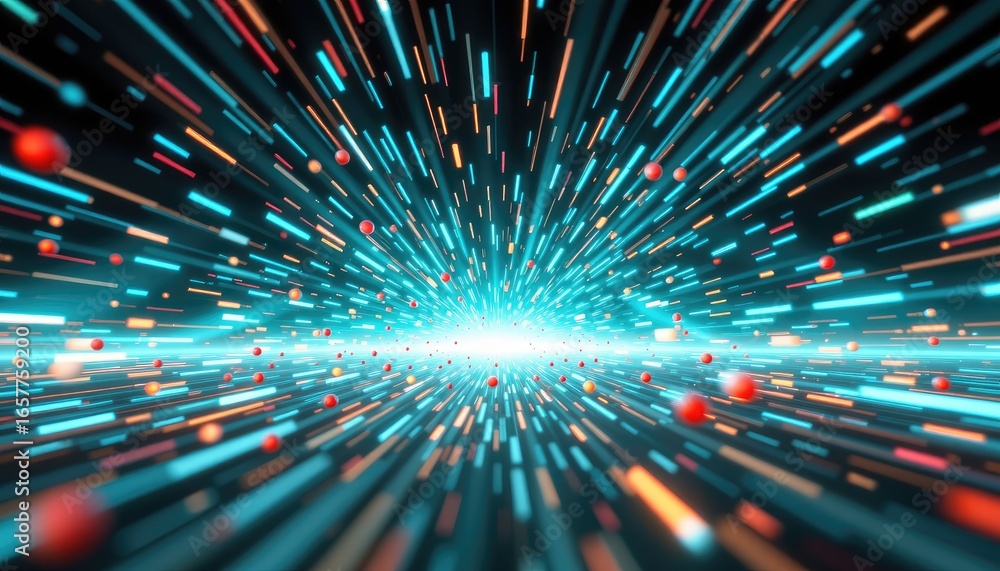 Poster dynamic explosion of colorful light rays and particles in a futuristic digital background