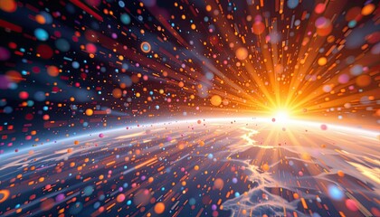 Obraz premium Vibrant Cosmic Explosion with Colorful Particles Surrounding Earth and Radiating Light
