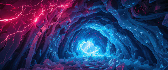 Obraz premium Illuminated ice cave exploration frozen depths digital art vibrant colors interior view fantasy concept