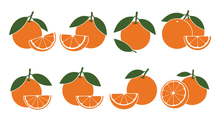 A collection of oranges and orange slices with green leaves on white background silhouette