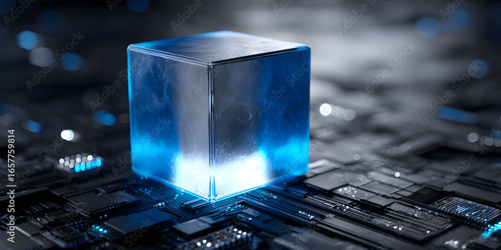 Poster a glowing blue cube positioned on a complex circuit board, symbolizing advanced technology and data 