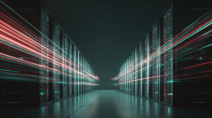 Towering virtual servers glowing with neon lights, interconnected by moving light streams, showcasing high-speed big data processing in a cutting-edge futuristic facility.