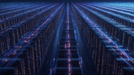 Towering virtual servers glowing with neon lights, interconnected by moving light streams, showcasing high-speed big data processing in a cutting-edge futuristic facility.