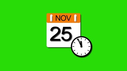 November 25 date calendar icon animation . calendar animation clean and green background. and stunning 4k animation.