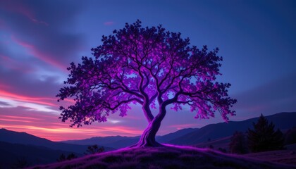 Majestic Tree Under Colorful Sky at Dusk with Vibrant Purple Highlights and Breathtaking Landscape Background