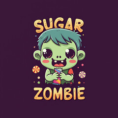 Cute cartoon sugar zombie kid holding a candy bar, halloween theme