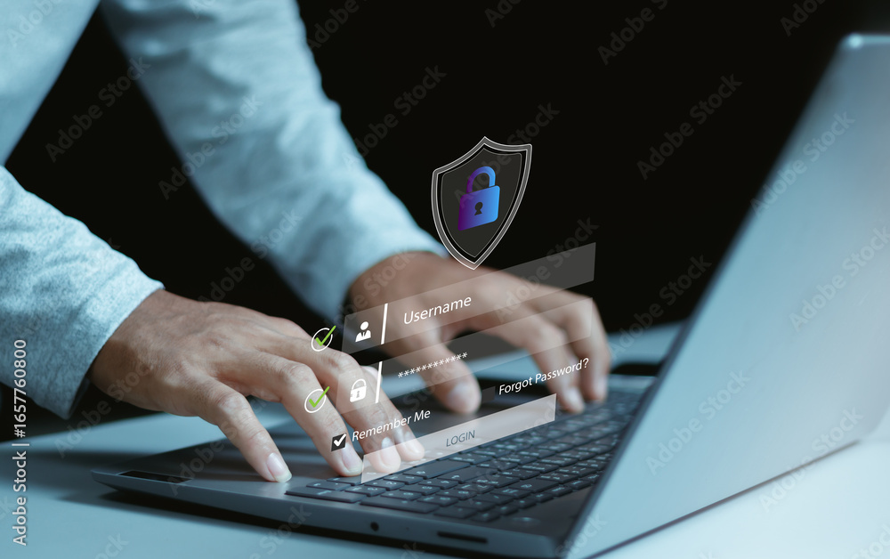 Poster data privacy and cyber security for business protection, protect personal information, businessman u