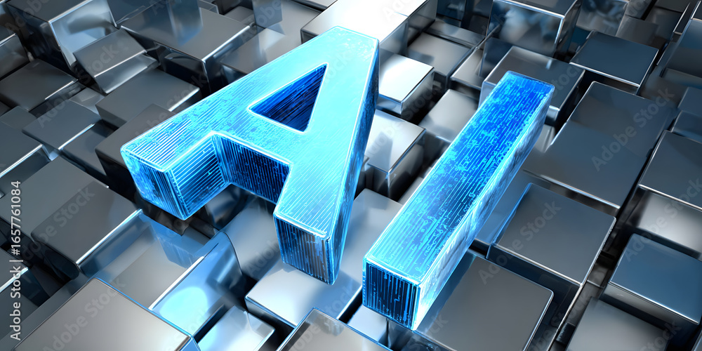 Poster blue 'ai' letters with digital circuitry on a metallic cube background