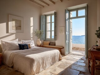 Fototapeta premium A bedroom with a white bed and a window overlooking the ocean. There is a vase on the bed and a bench in the room