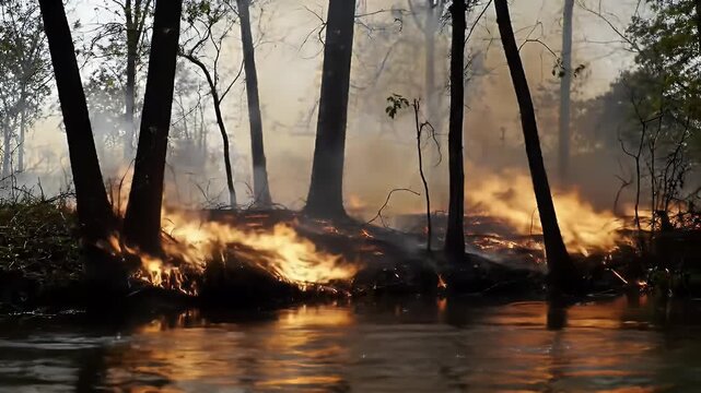 Silver Fish Leaping From Dark Water Amidst Burning Forest Flames Emphasizing Wildfire Destruction and Environmental Crisis Wildlife Struggling for Survival During Forest Fire Ecological Imbalance