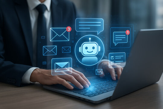 Businessman using laptop with glowing chatbot and email hologram icons representing artificial intelligence, automation, communication and support