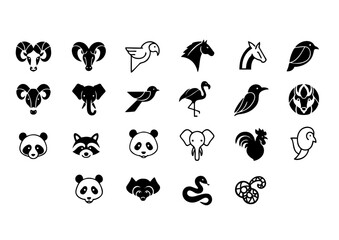 Fototapeta premium Collection of 22 minimalist animal head icons and silhouettes, a versatile flat vector pack for branding and design elements.
