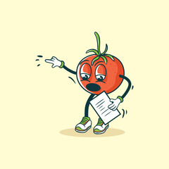 A surprised tomato character points and holds a document