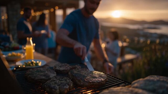 A family enjoys a beachside grill at golden hour, with sizzling meat and tomatoes, as the sun sets over the ocean, creating a picturesque scene.