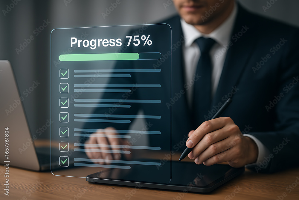 Aufkleber businessman using tablet with glowing digital checklist progress bar showing seventy five percent co