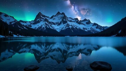 Snowy mountains reflected in a lake under the aurora borealis and the milky way at night - Powered by Adobe